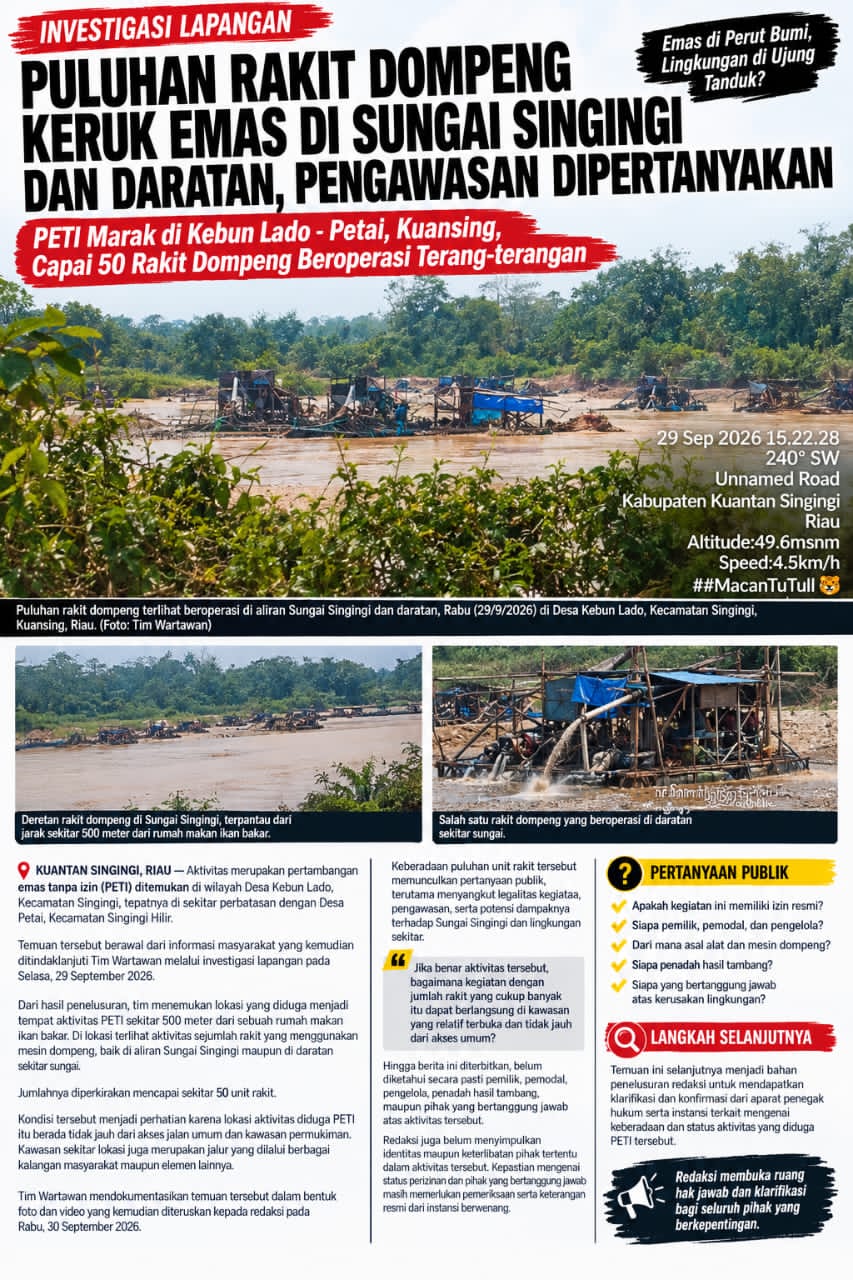 PETI Marak di Kebun Lado – Petai, Kuansing, Capai 50 Rakit Dompeng Beroperasi Terang-terangan
